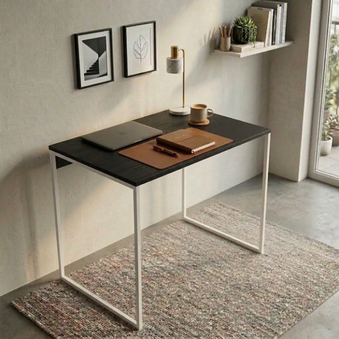 Mesa Escrivaninha Home Office Industrial Grécia de 80x46 Ferro Branco Tampo Preto