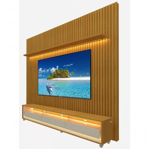 Rack com Painel Ripado com Led e Rodízio Nobre com Off White - Gelius Móveis