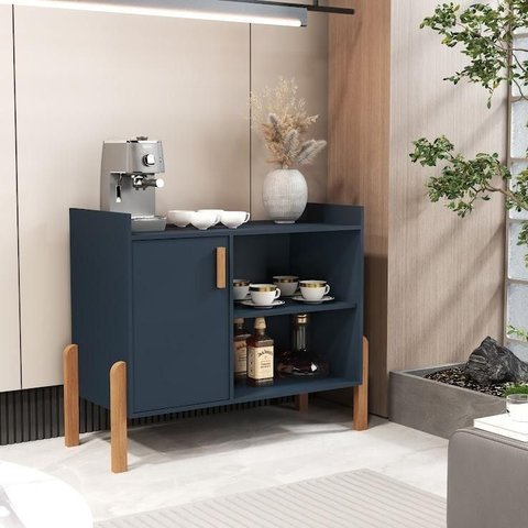 Aparador Buffet Luxor Estilo Retrô com Pés de Madeira e Porta Unica Azul