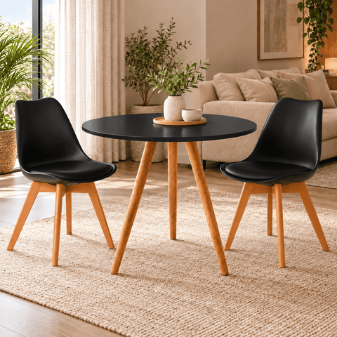 Conjunto Mesa de Jantar Redonda Preta 80cm com 2 Cadeiras Saarinen Leda Almofadadas para Sala de Jan