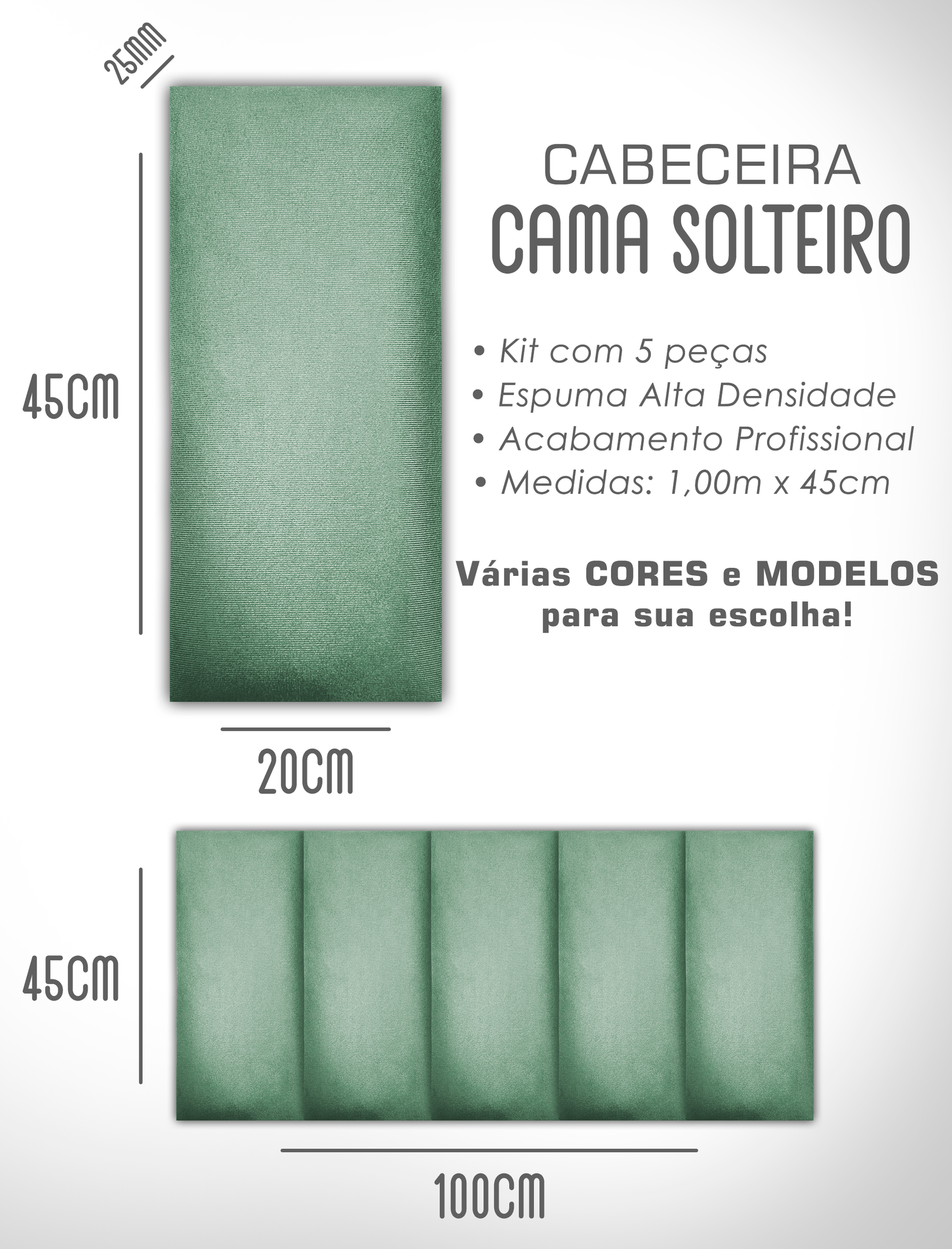 Kit 5 Cabeceiras de Cama Solteiro Estofada Modulada 1,00mx45cm - 5