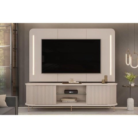 Estante P- Sala até 75 Pol Atlas Ripado C- 2 Portas 218x62cm Off White - Dj Móveis