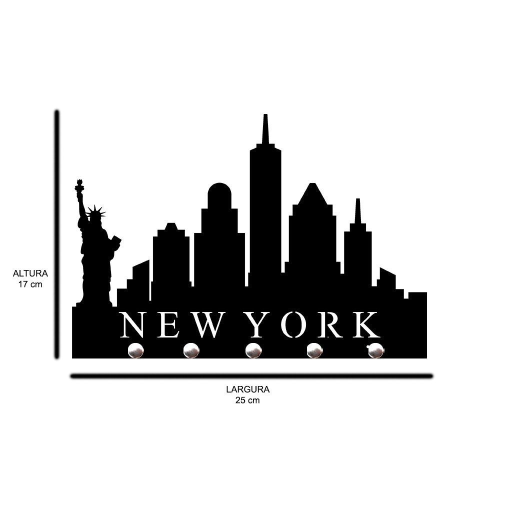 Porta Chaves de Parede 6mm New York Decorativo em MDF:PRETO - 2