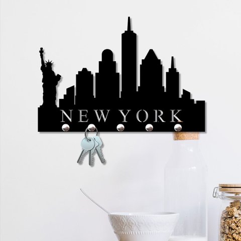 Porta Chaves de Parede 6mm New York Decorativo em MDF:PRETO