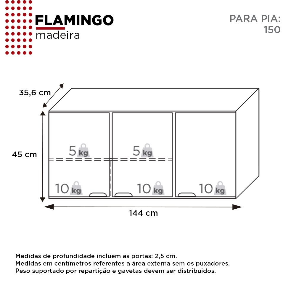 Armário Aéreo Cozinha 150 em Madeira Flamingo 3 Portas Tamarindo/Preto - Cozimax - 4