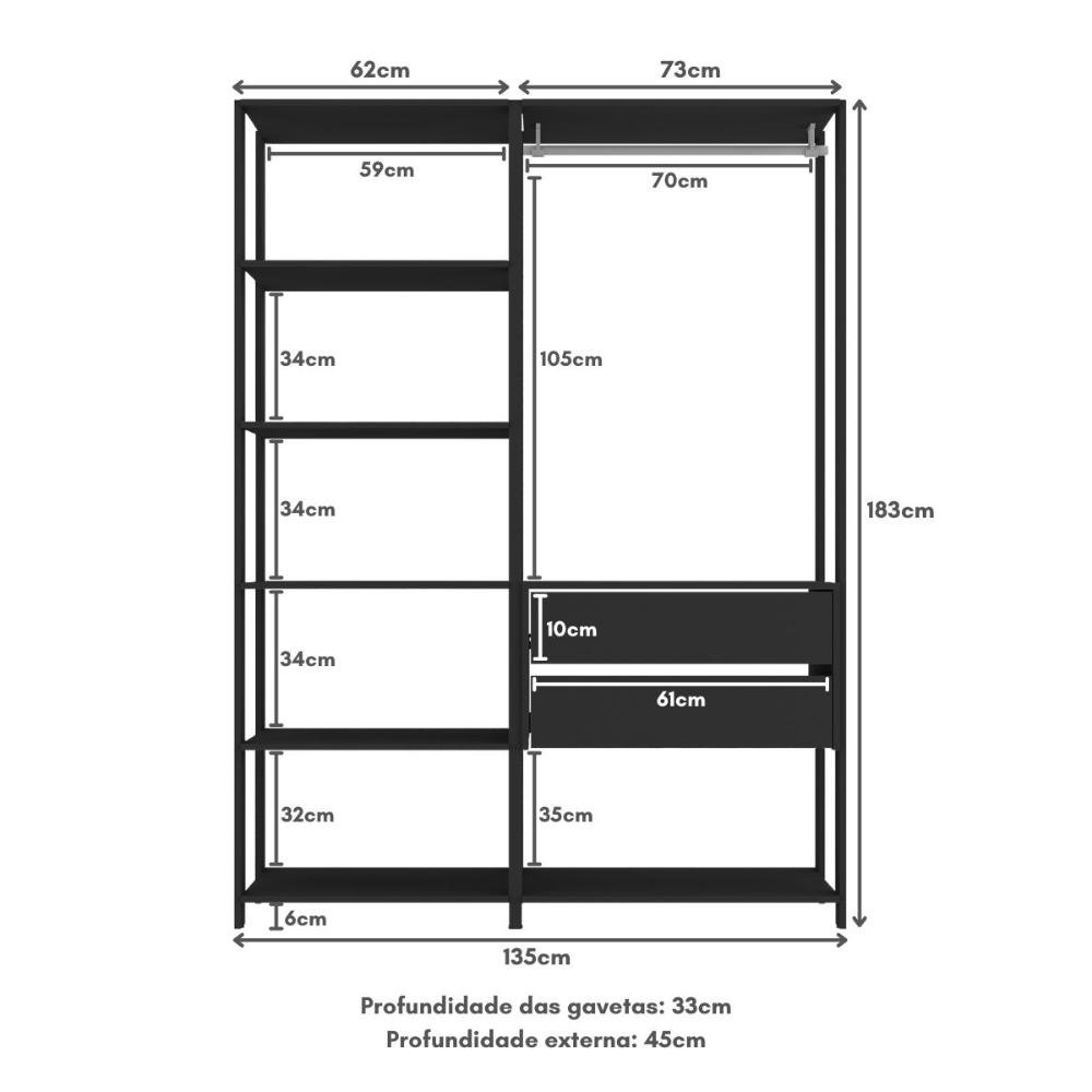 Guarda-Roupas Closet Modulado 135cm 2 Peças com 2 Gavetas e Cabideiro Multimóveis MP4320  - 6