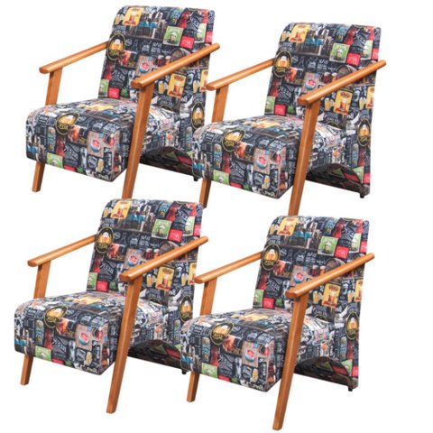 Kit 4 Poltronas Venus 1 Lugar Braço Madeira Maciça Tecido Suede Unidecor Retro Bar 107