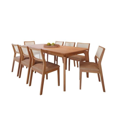 Conjunto Sala de Jantar Mesa Ficus 2,10m com 8 Cadeiras em Couro Sintético Bella - Madeira/Cinamomo