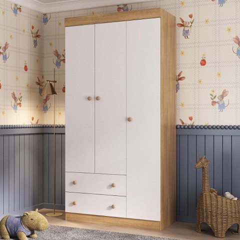 Guarda-roupa Infantil 92cm 3 Portas e 2 Gavetas Encanto Multimóveis Mp4447 Madeirado/branco