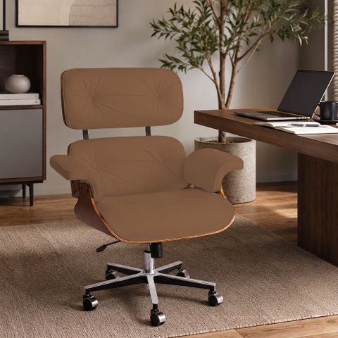 Poltrona Charles Eames Office Couro Sintético Linha Premium Design Clássico Escritório - Cappuccino