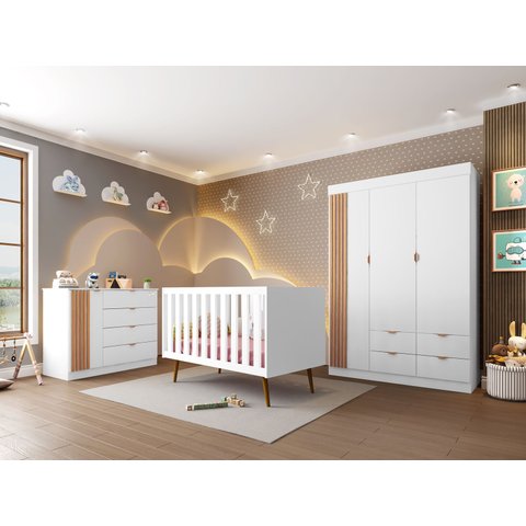 Quarto Infantil Ayla Branco e Amadeirado com Berço _ Phoenix Baby