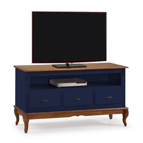 Rack para Sala com Pés Luis Xv 60501 Linz Móveis 3 Gavetas e Nicho - Azul Petróleo/imbuia Glazer