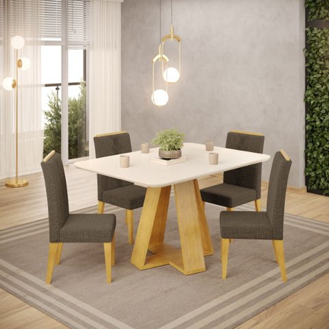 Conjunto de Mesa Kiara 120cm Cedro Off White e 04 Cadeiras Yasmin Cedro Linho Canela DJ Móveis