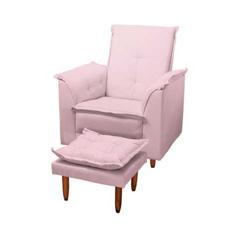 Poltrona Amamentação e Puff Luna Suede Rosa Bebê Pés Palito Tana Decor Newbelle Decor