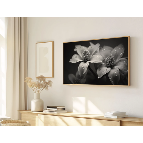 Quadro Decorativo N°175 115x70cm - Panorâmico Botânico - Flores e Gotas Orvalho Preto e Branco - Rol