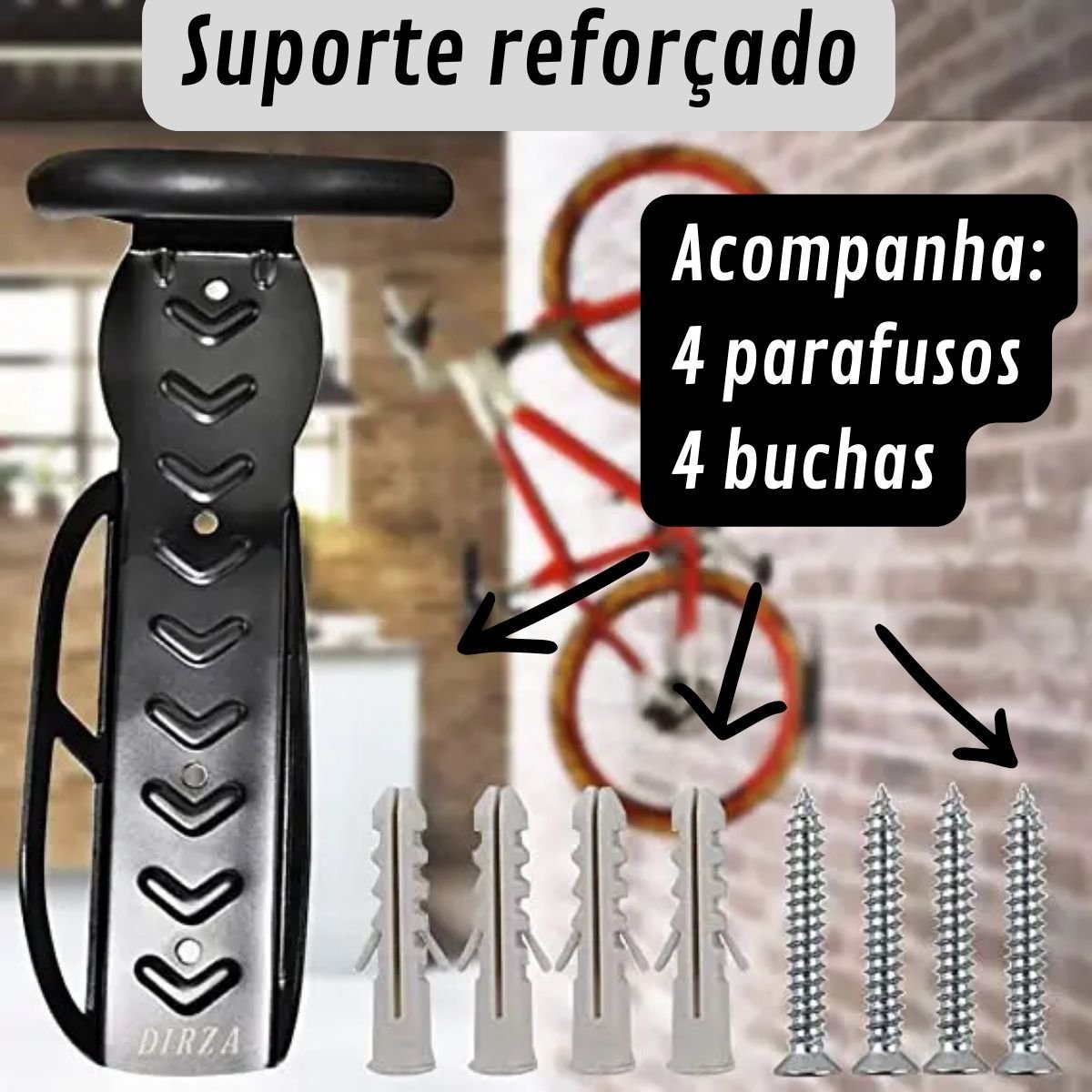Suporte Parede Bike Gancho Vertical Reforçado Aço 4 Parafusos NETH Gancho de Bike na Parede Apartame - 4