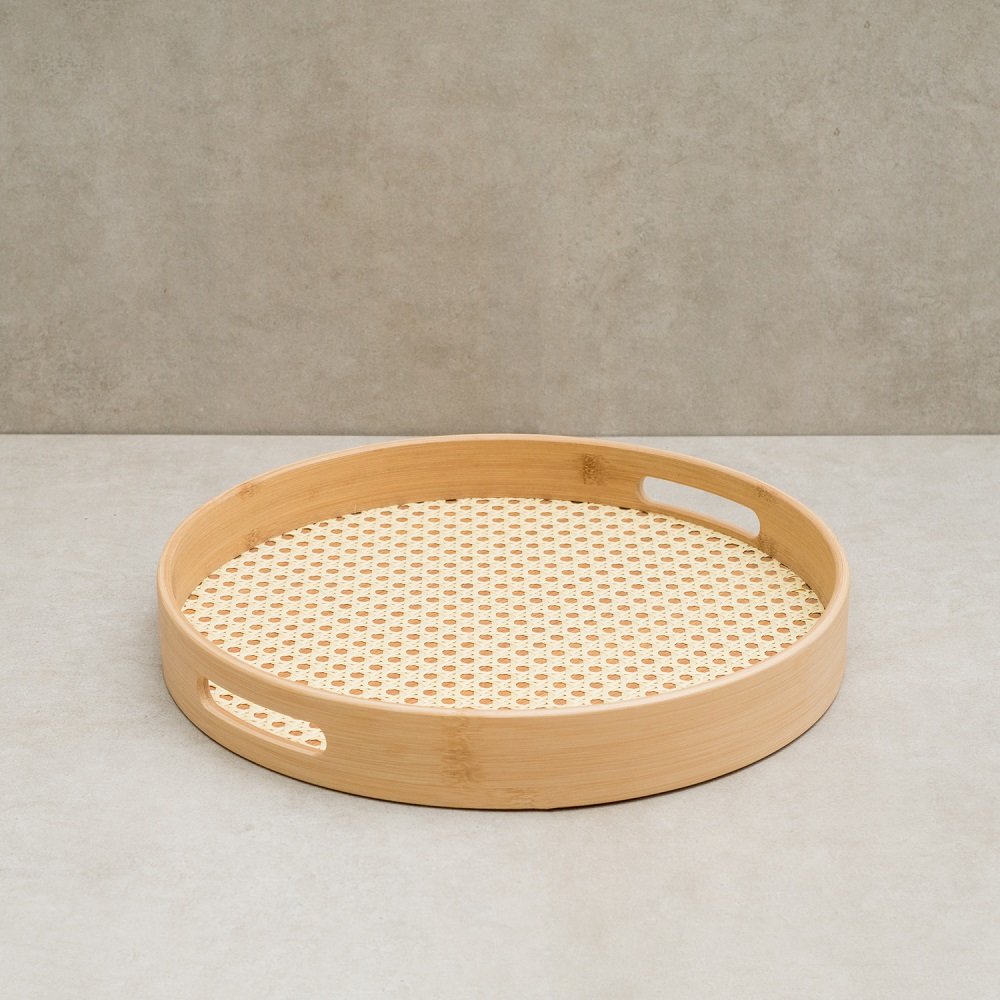 Bandeja em bambu redonda com palhinha, 35 cm, Oikos