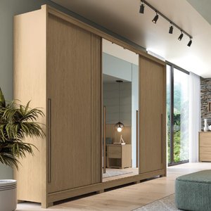 Guarda Roupa Casal 3 Portas de Correr Espelho New Guarapari - Carvalho