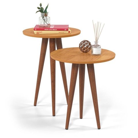 Kit com 2 Mesas Canto e Lateral Retrô Redonda Slim Patrimar Cinamomo