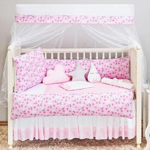 Kit Berço Protetor Lateral Nuvem Chuva De Benção Rosa 8 Peçs
