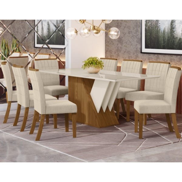 Conjunto Sala de Jantar Mesa Epic Retangular 200x90cm Nature / Off White com 8 Cadeiras Tauá Nature