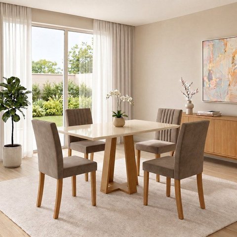 Conjunto Sala de Jantar Mesa Lisa 120cm Tampo de Vidro Canto Reto 4 Cadeiras Lily