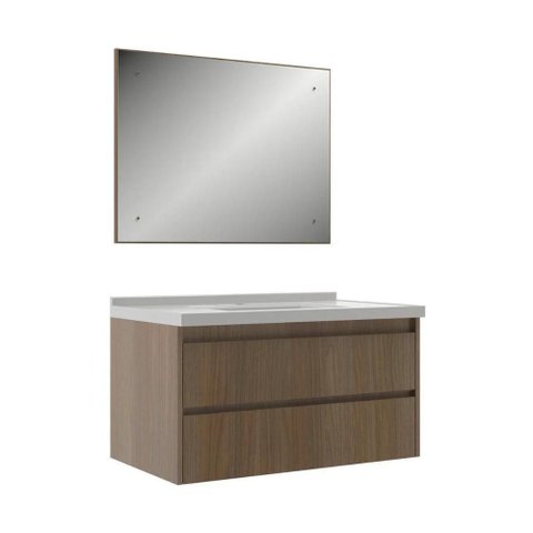 Conjunto de Banheiro Gabinete com Pia e Espelho 2 Gavetas Suspenso 82cm Multimóveis CR10172 Noce