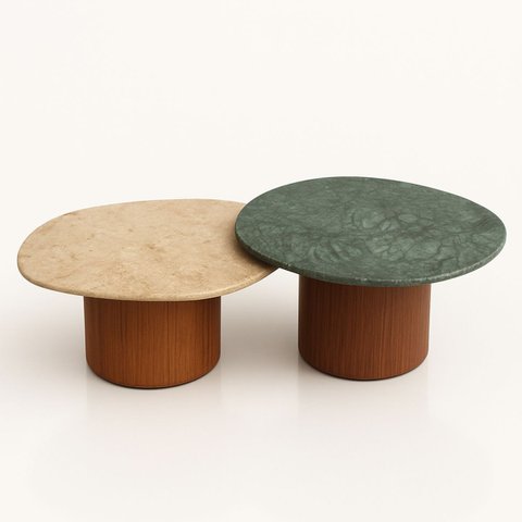 Conjunto de Duas Mesas de Centro Orgânica 80 Cm Tampo Mármore Guatemala & Travertino