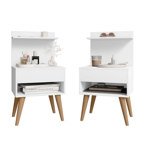 Kit 2 Mesinhas de Cabeceira Moderna com Gaveta e Prateleira Kosovo Branco