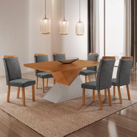 Conjunto de Jantar Aster 6 Lugares Tampo MDF Cadeiras Aline Estofadas Linho Grafite Moderna 180cm