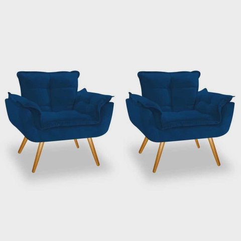 Conjunto 2 Poltronas Decorativas Para Sala Opala Pés Palito Suede Azul Marinho UlissesDecor