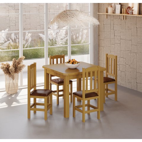 Conjunto Mesa Mel De Madeira 88x88 Com 4 Cadeiras Estofadas Para Cozinha Sala De Jantar  Sfa