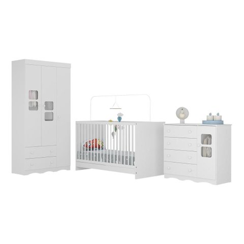 Quarto de Bebê Completo com Berço 3 em 1 para Colchão 130x60cm Serena Multimóveis Mp4527 Branco