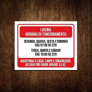 Kit 3 Placas - Lixeira Horário Funcionamento