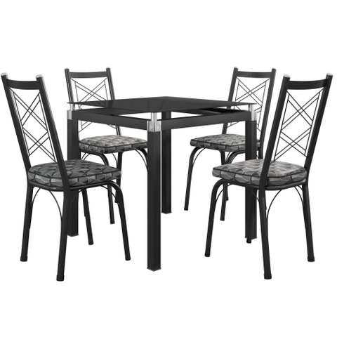 Conjunto Mesa de Jantar com 4 Cadeiras 143 Malva Tampo Vidro 75cm SF Preto Assento Mosaico Silver - 
