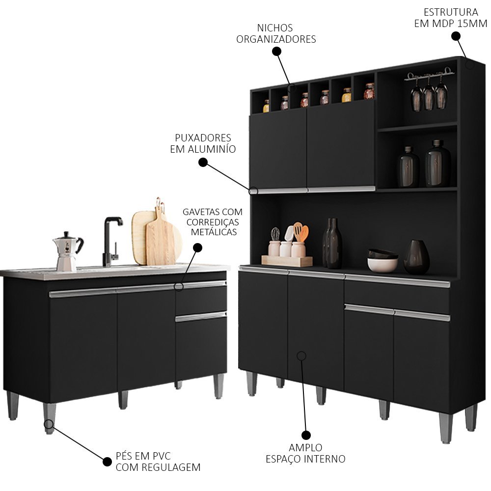Armário de cozinha de madeira laqueado preto fosco estilo moderno