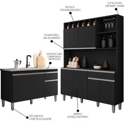 Cozinha Compacta Alice e Balcão Gabinete sem Tampo Tatiane 120cm Preto - Ajl Móveis - 3