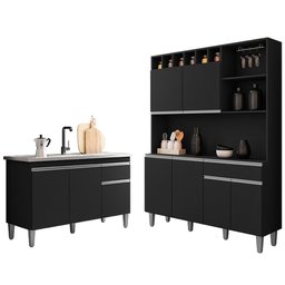 Cozinha Compacta Alice e Balcão Gabinete sem Tampo Tatiane 120cm Preto - Ajl Móveis - 1