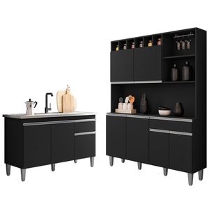 Cozinha Compacta Alice e Balcão Gabinete sem Tampo Tatiane 120cm Preto - Ajl Móveis