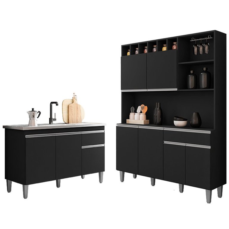 Cozinha Compacta Alice e Balcão Gabinete sem Tampo Tatiane 120cm Preto - Ajl Móveis