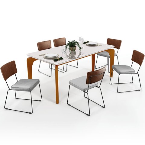 Mesa Capri 160cm Off White Com 6 Cadeiras Allana B05 Couríssimo Marrom Linho Cinza - Lyam Decor