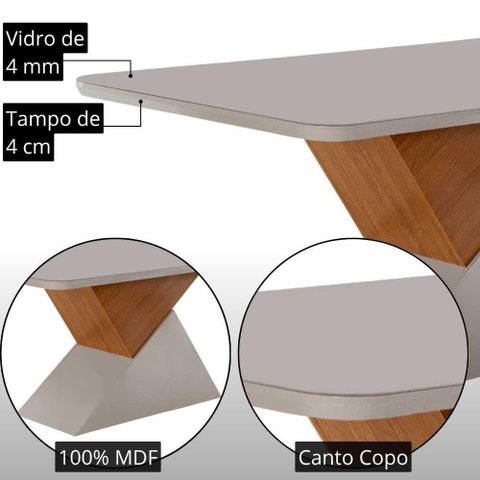 Mesa Aster 6 Lugares MDF Vidro Serigrafado Cadeiras Lira Veludo Off White Moderna