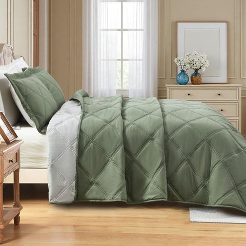 Kit Cobre Leito Essencial Casal Micropercal 300 Fios Dupla Face Colcha 3 Peças Verde
