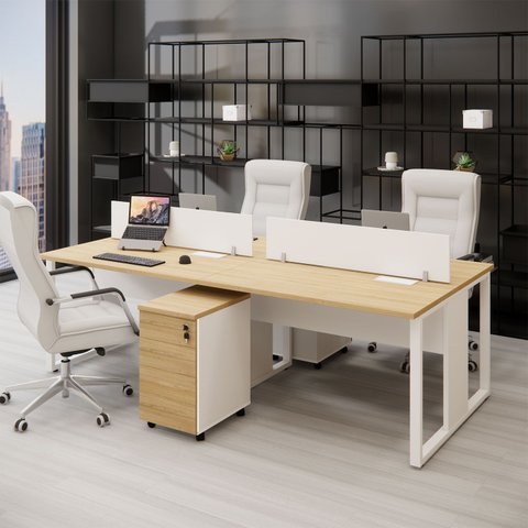 Mesa Dupla 2,40m P/ 4 Pessoas C/ 2 Gav. e Divisória Mac B F5 Cor:macadamia com Branco