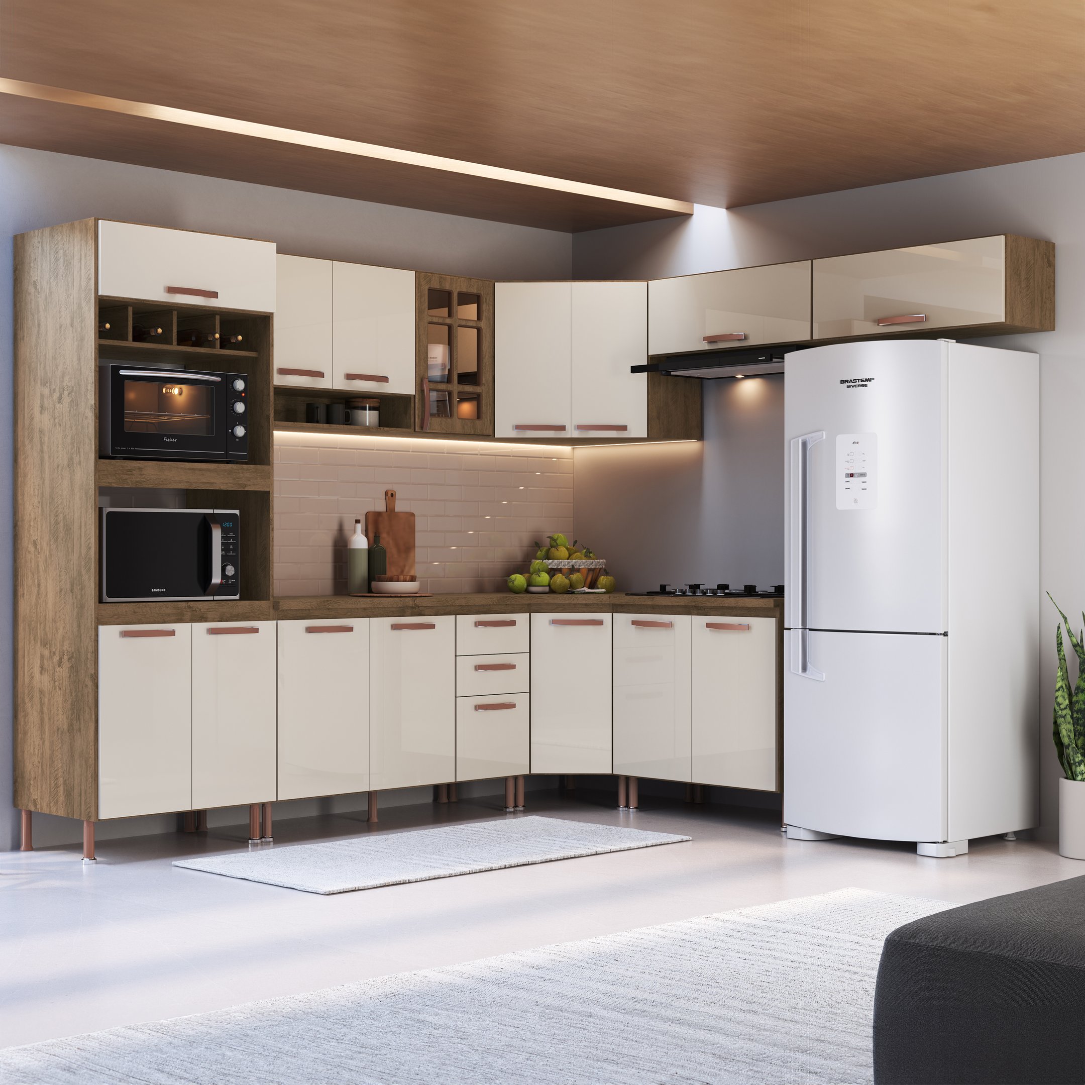 Cozinha Modulada Completa Fidelitá Berlim 8 Peças 496cm 16 Portas 2 Gavetas com Tampo