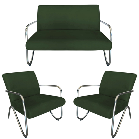 Kit Namoradeira + 2 Poltronas Decorativa Bela Suede Verde Braço Cromado