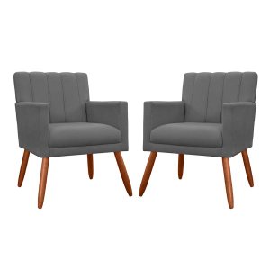 Kit 2 Poltronas Decorativas Cecilia Pés Palito Suede Cinza - Ds Estofados