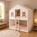 Ver imagem 3 de Beliche Infantil Montessori Casinha Dos Sonhos com Cortina Madeira Maciça Branco/Rosa Megamobilia