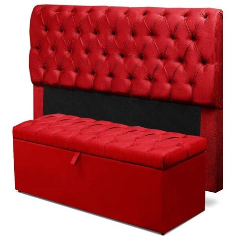 Cabeceira Mais Calçadeira Baú Casal 140cm Para Cama Box Paris Suede Vermelho - DS Móveis