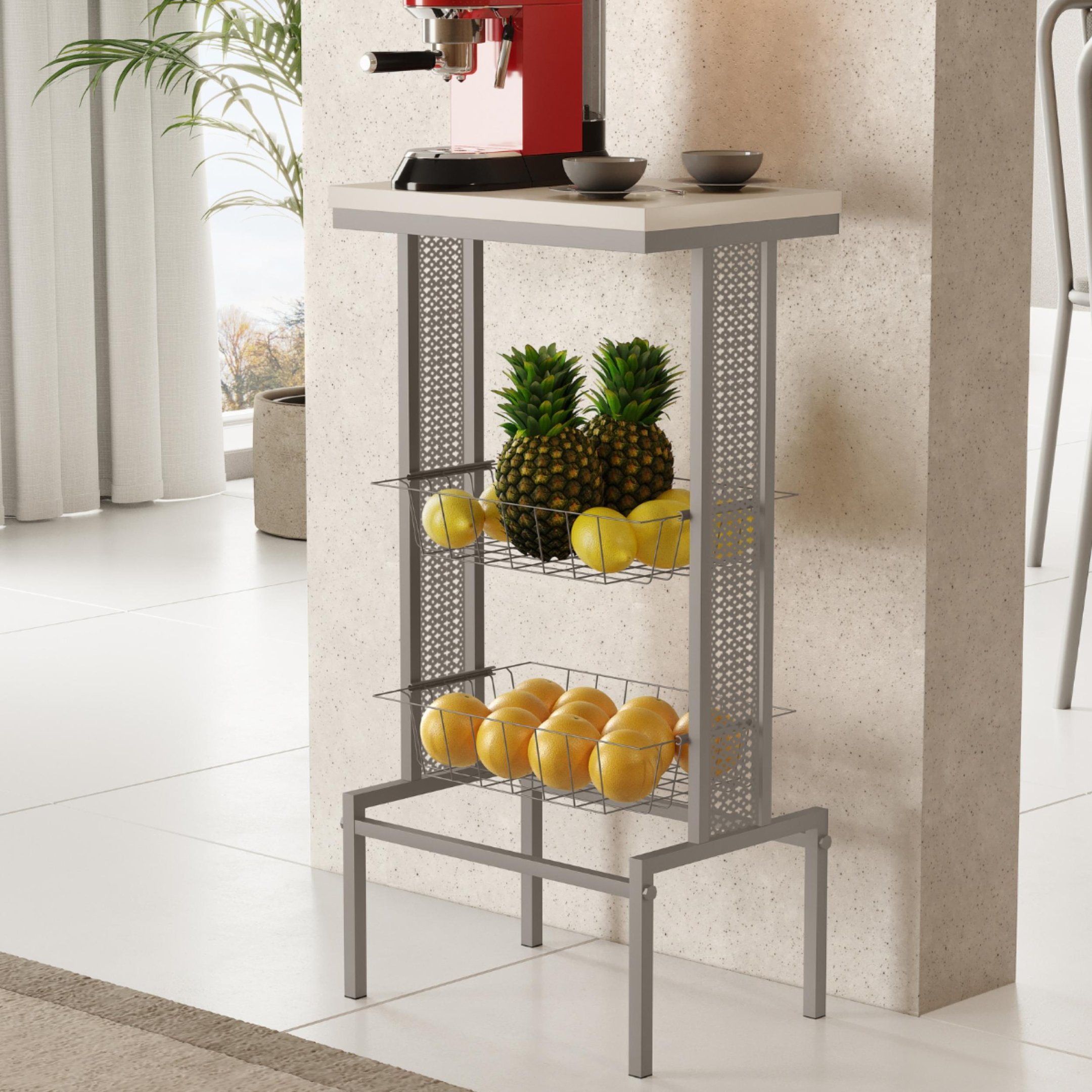 Fruteira de Chão 2 Cestos Tampo Mdf Cozinha Estilo Industrial Prática Design Moderno - Cinza